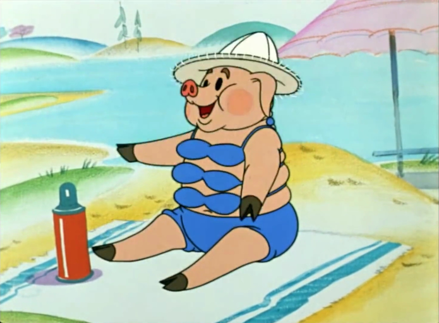 Свинка из ну погоди на пляже в купальнике